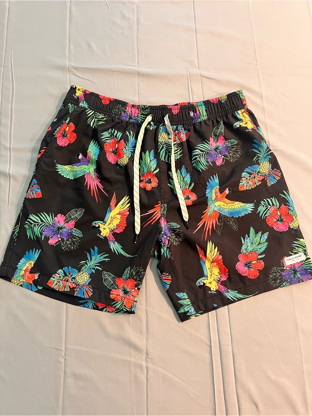 PUBLIC ACCESS Men's Board Shorts Swim Trunks tropical parrot  Drawstring medium